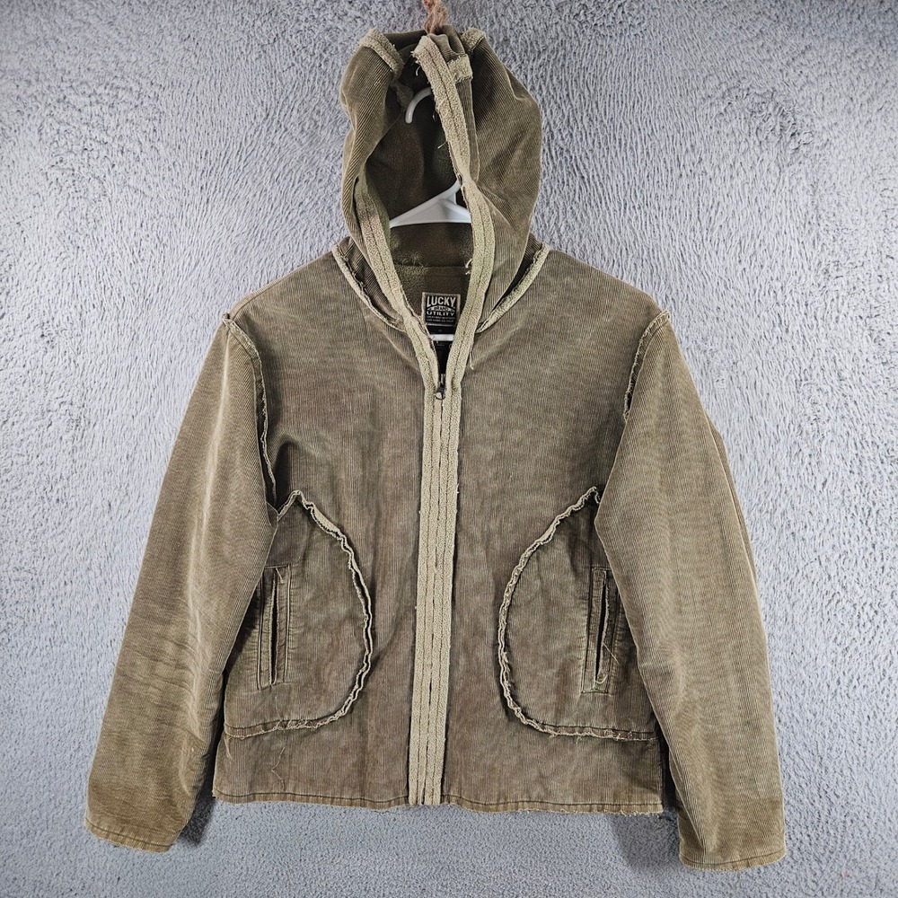 Lucky Brand Utility Corduroy Zip Up Hoodie Olive Green Fleece‎ Lined Womens Sz M